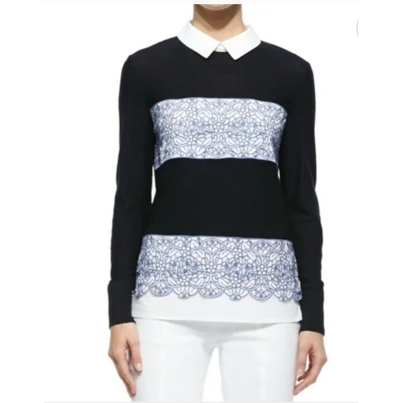 Tory Burch  Navy Blue Wool Contrast Paneled Collared Sweater L - Picture 11 of 11